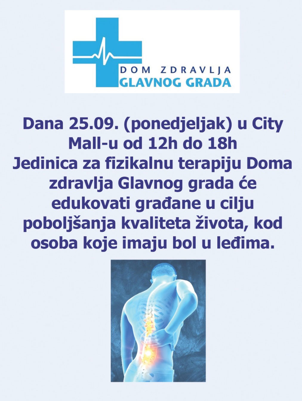 Najava – Edukacija u cilju poboljšanja kvaliteta života za osobe koje imaju bol u ledjima – 25.09 City Mall 12h do 18h